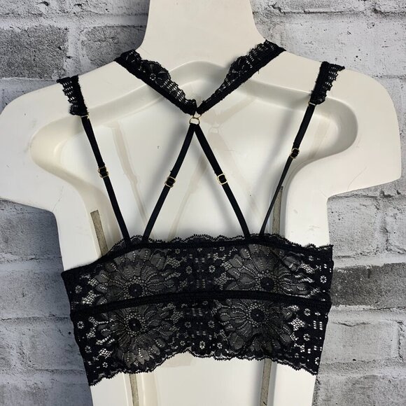 Aerie Black Sheer Lace Padded Strappy Crisscross Back Lingerie Bralette - Picture 4 of 8